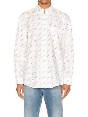 BALENCIAGA White Black All Over Logo Long Sleeve Button Down Cotton Shirt 36